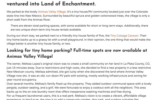 Animas Valley Village Tiny Home Community